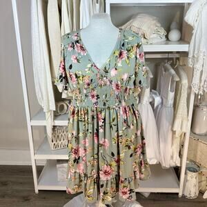 Xhilaration Sz. XL sage & rose dress, low v neck smocked feminine soft girl 4229